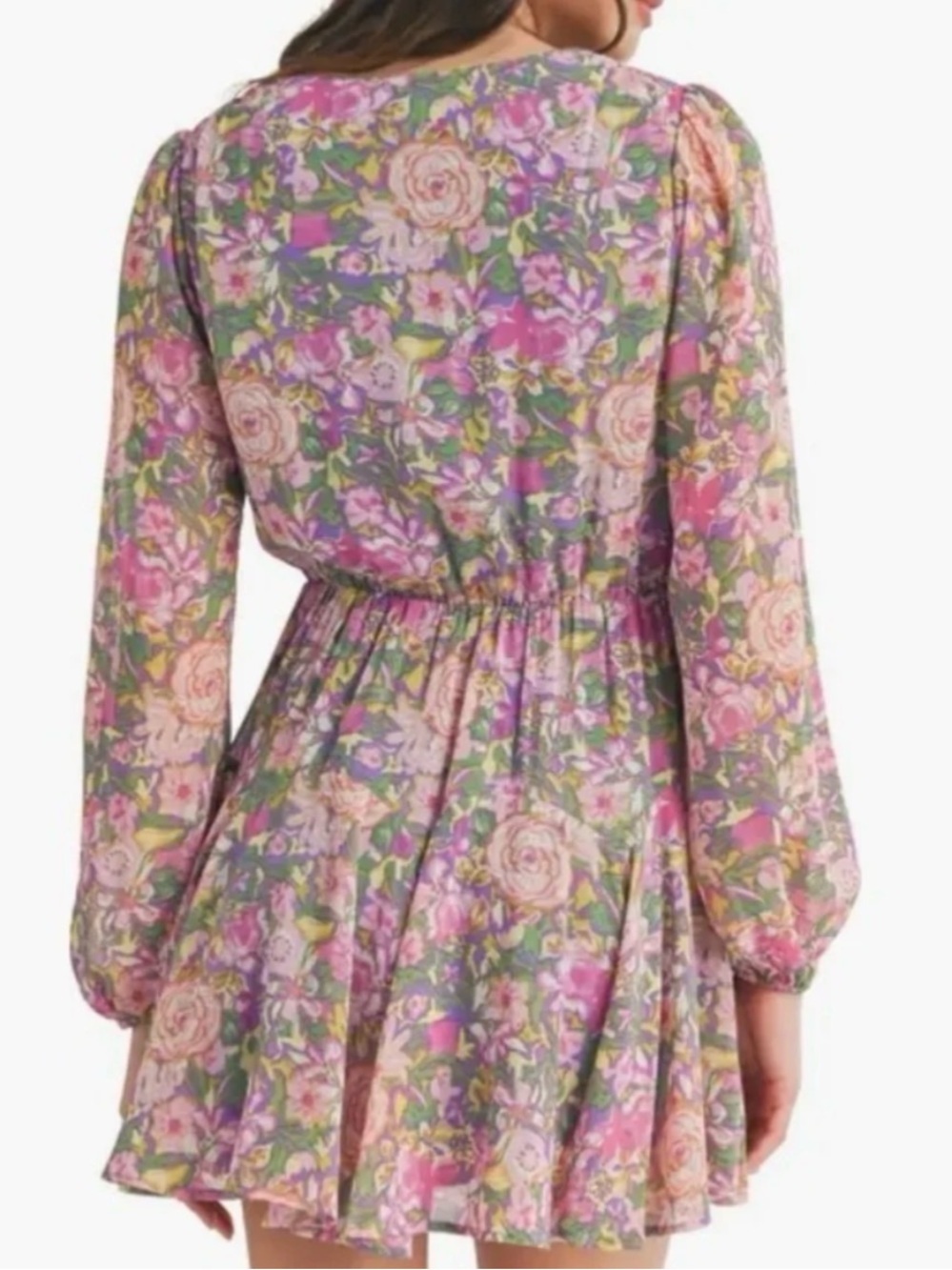 LUSH Floral Long Sleeve Faux Wrap Minidress Lined Size Medium - Picture 2 of 9